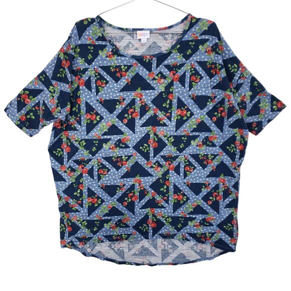 LuLaRoe Blouse Womens Large Blue Geometric Floral Rose Print Pullover Tunic Top - Picture 1 of 4